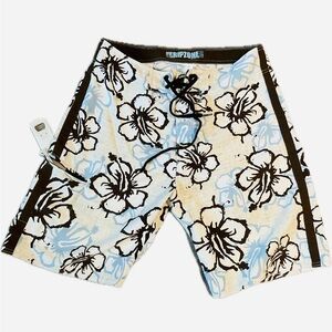 ***Ripzone Men's Floral Hibiscus in White, blue & brown. Swim / Shorts